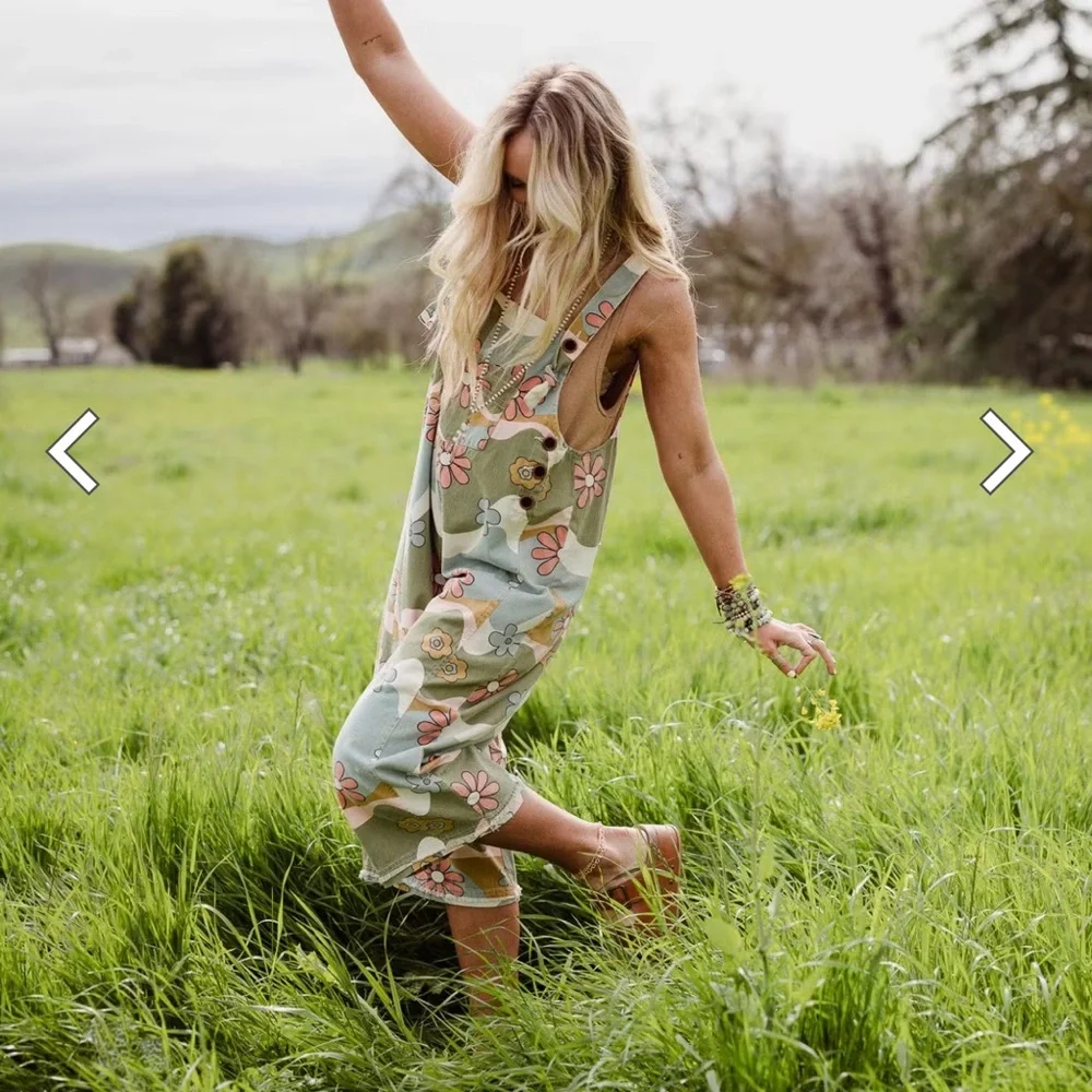 Three Bird Nest, Floral High Hopes Denim slouchy Overalls Jump S New Green - Picture 7 of 8